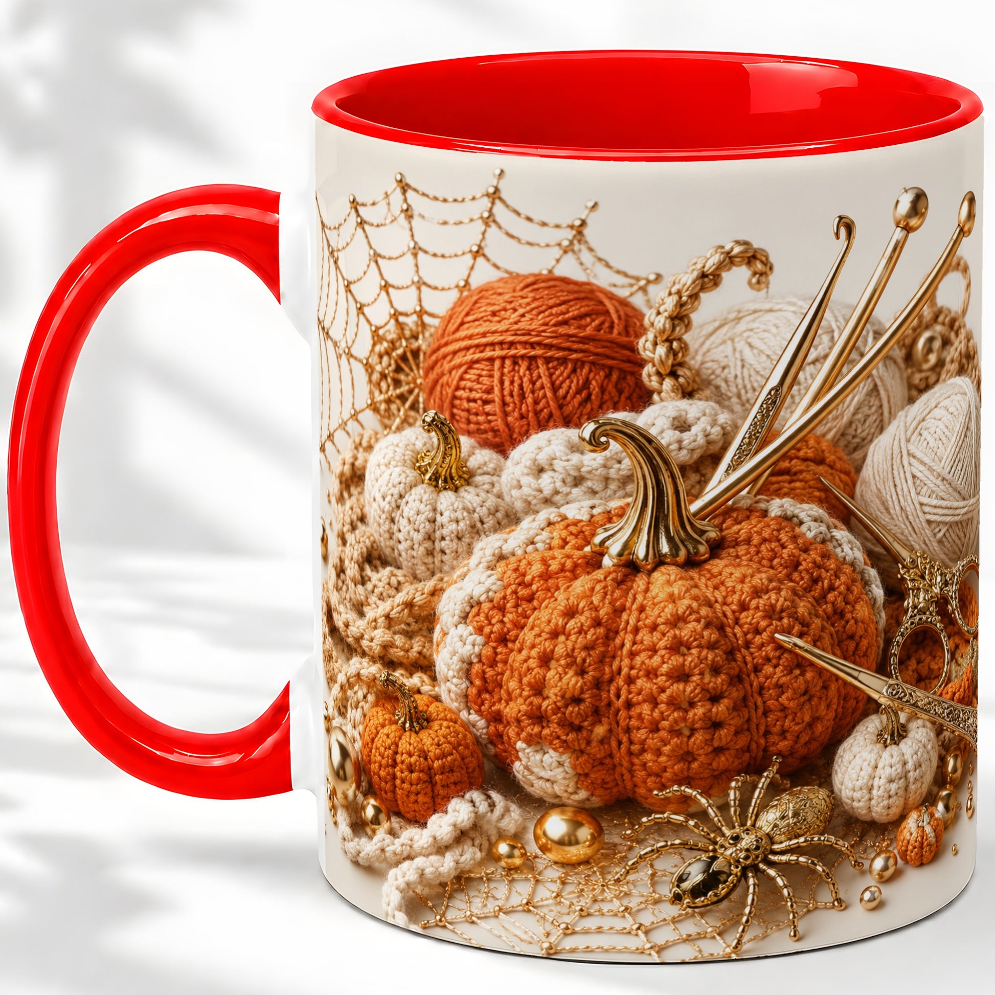 Crochet Pumpkin Ceramic Coffee Cup, Mug with Yarn Craft Artwork