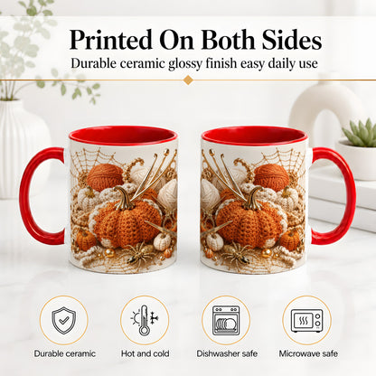 #pl[11oz|Red] Crochet Pumpkin Ceramic Coffee Cup, Mug with Yarn Craft Artwork