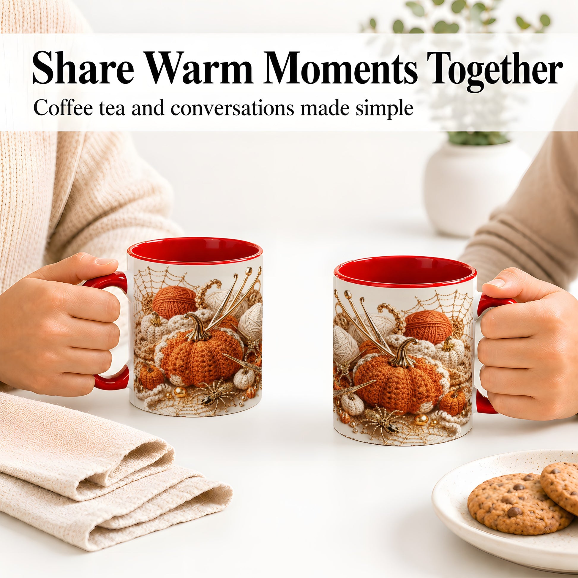 #pl[11oz|Red] Crochet Pumpkin Ceramic Coffee Cup, Mug with Yarn Craft Artwork