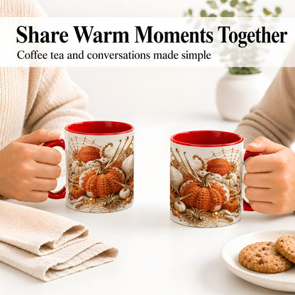 #pl[11oz|Red] Crochet Pumpkin Ceramic Coffee Cup, Mug with Yarn Craft Artwork