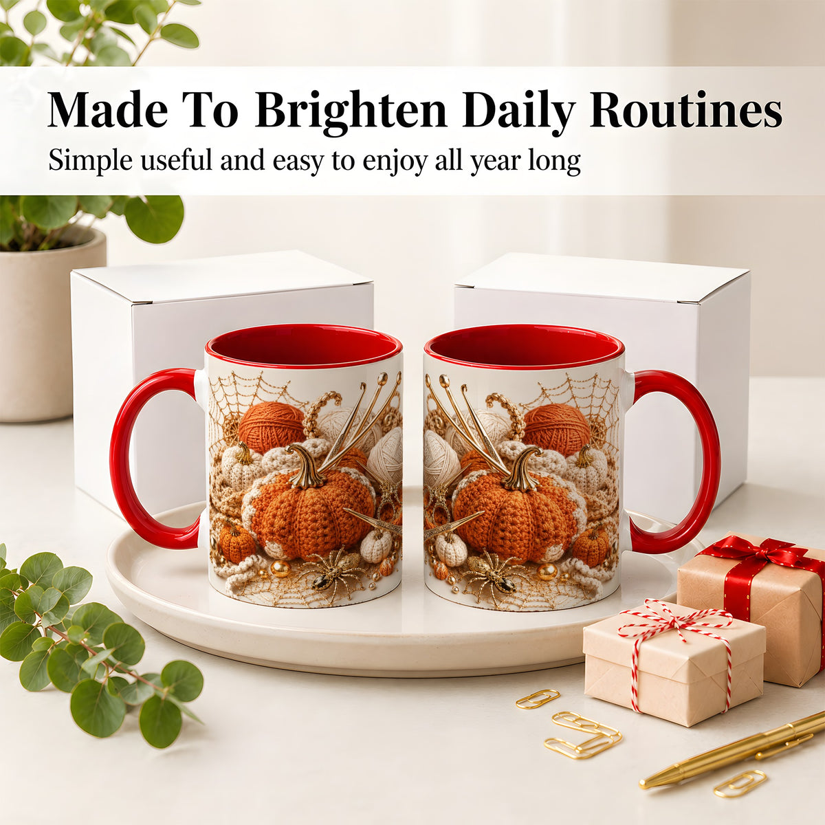 #pl[11oz|Red] Crochet Pumpkin Ceramic Coffee Cup, Mug with Yarn Craft Artwork