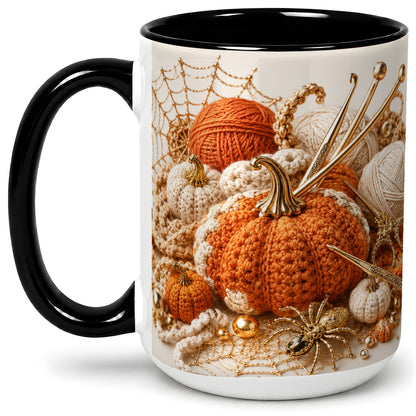 #pl[15oz|Black] Crochet Pumpkin Ceramic Coffee Cup, Mug with Yarn Craft Artwork