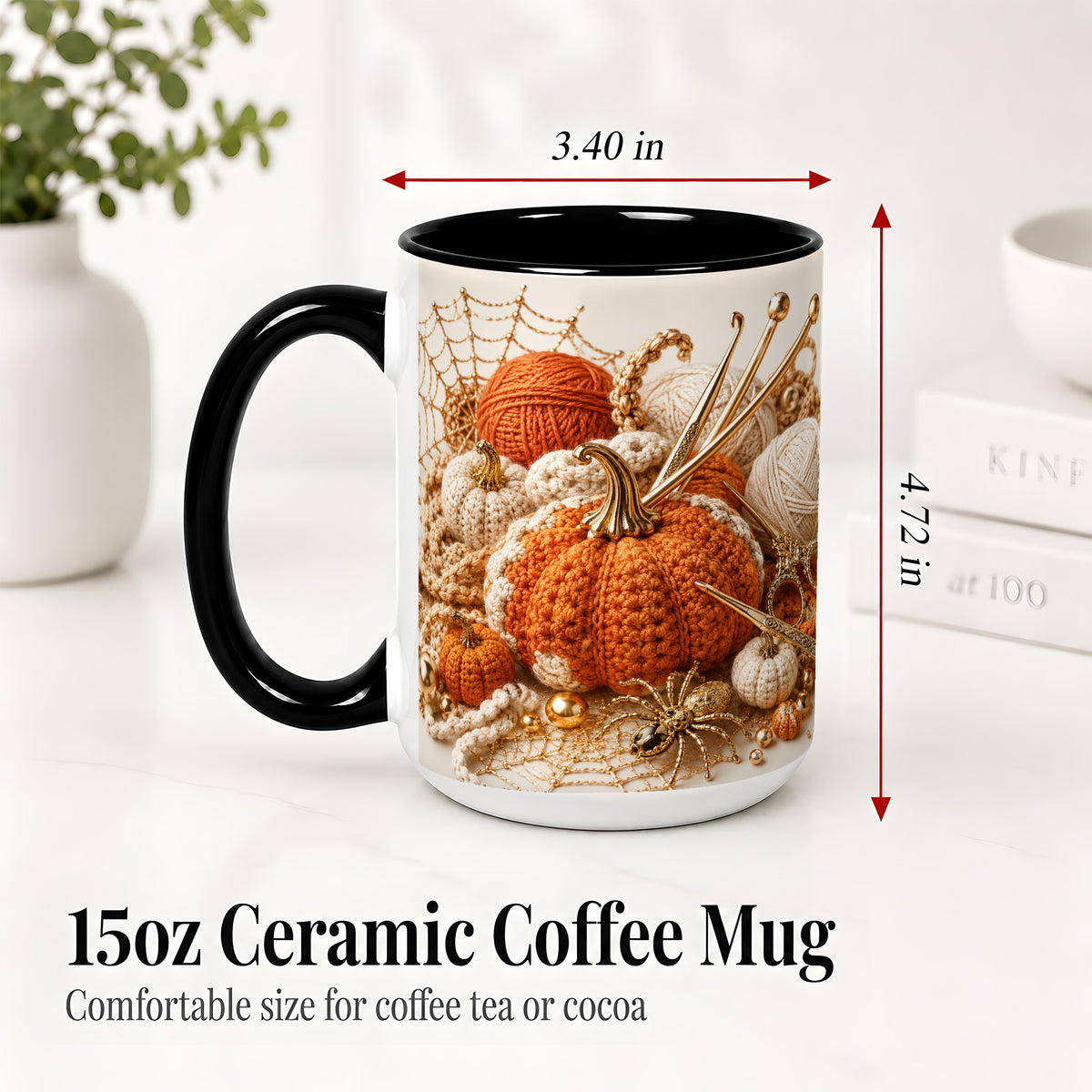 #pl[15oz|Black] Crochet Pumpkin Ceramic Coffee Cup, Mug with Yarn Craft Artwork
