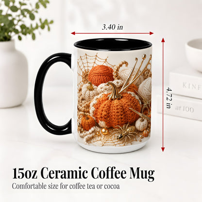 #pl[15oz|Black] Crochet Pumpkin Ceramic Coffee Cup, Mug with Yarn Craft Artwork