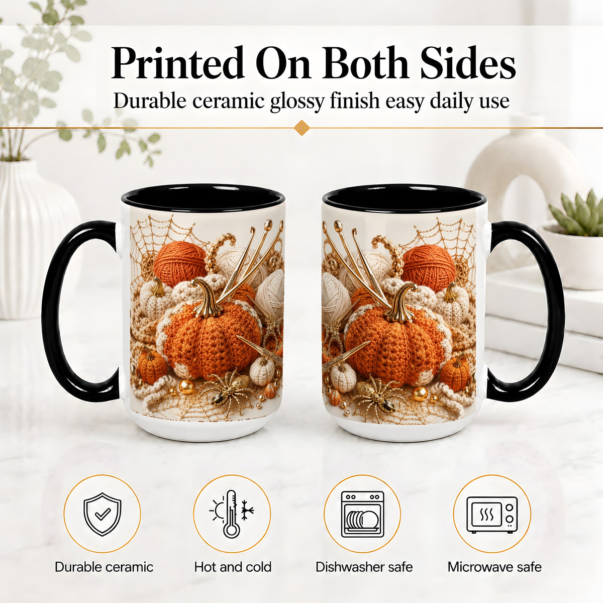 #pl[15oz|Black] Crochet Pumpkin Ceramic Coffee Cup, Mug with Yarn Craft Artwork
