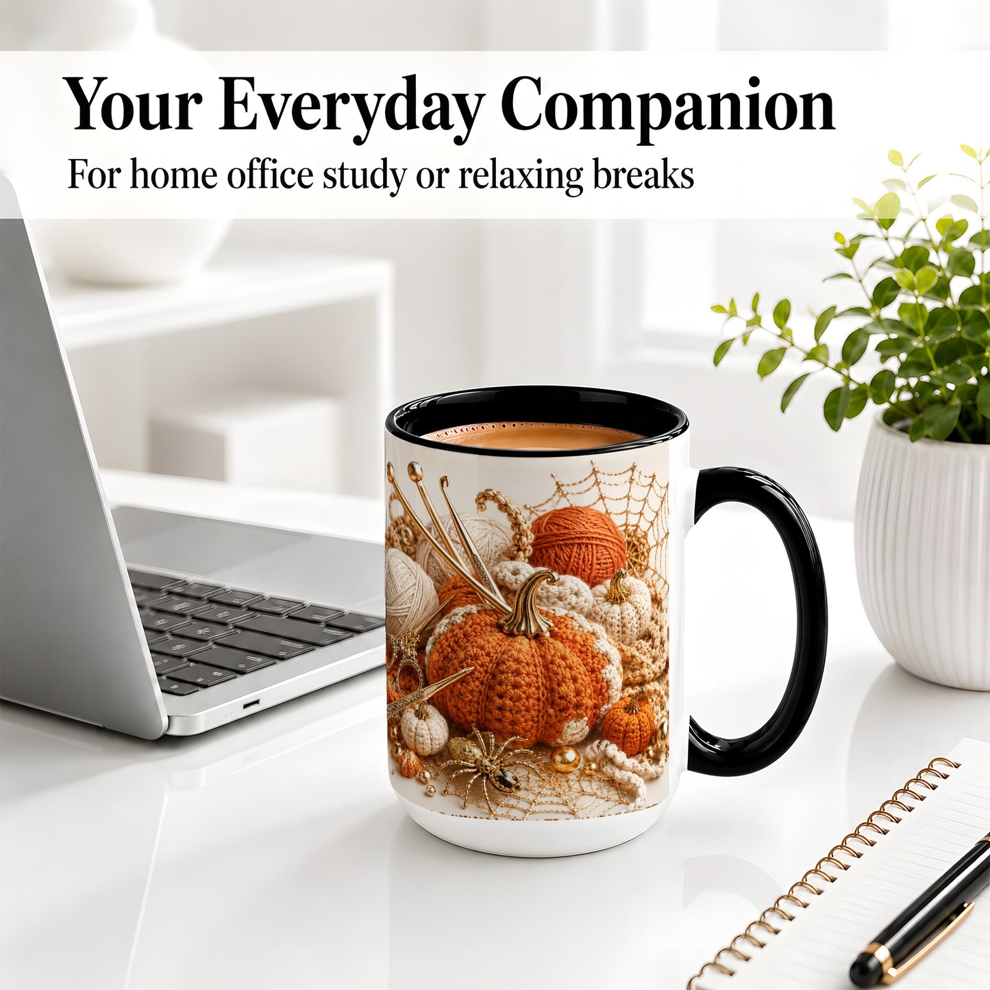 #pl[15oz|Black] Crochet Pumpkin Ceramic Coffee Cup, Mug with Yarn Craft Artwork