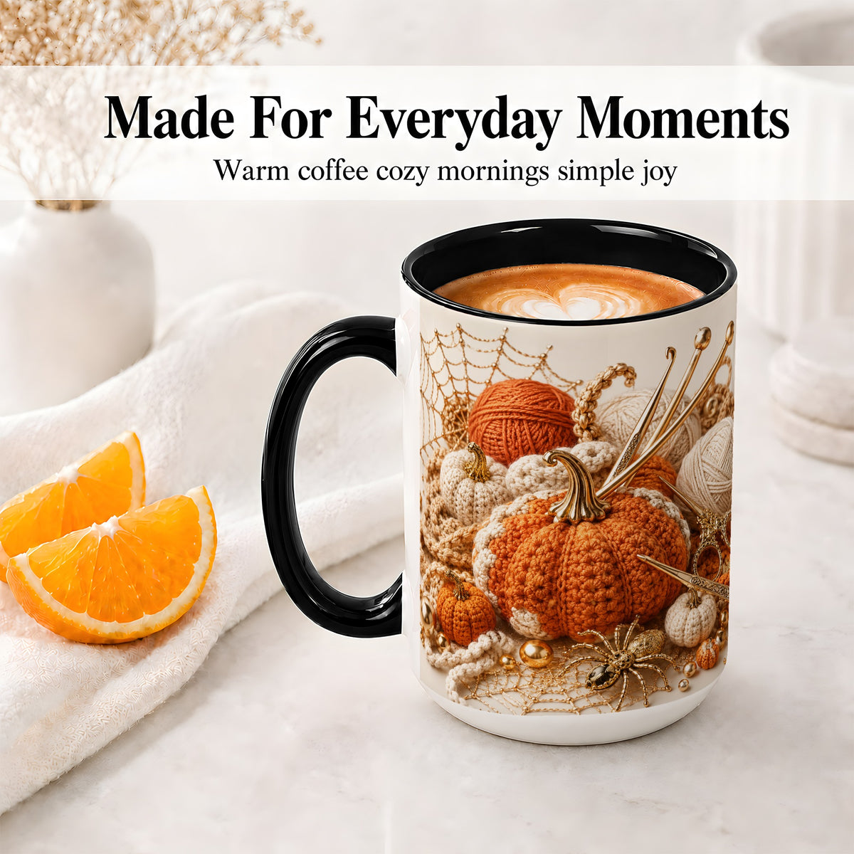 #pl[15oz|Black] Crochet Pumpkin Ceramic Coffee Cup, Mug with Yarn Craft Artwork