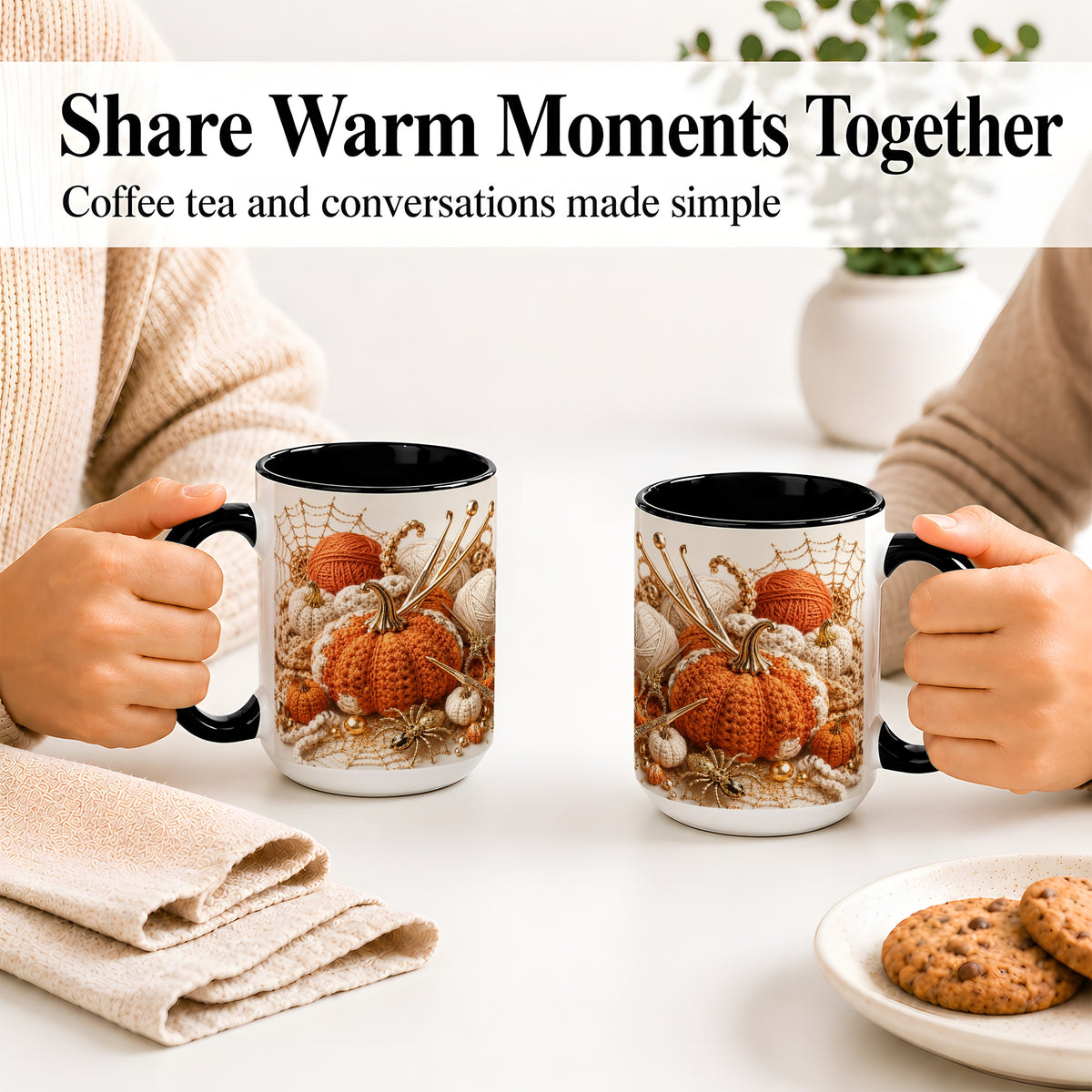 #pl[15oz|Black] Crochet Pumpkin Ceramic Coffee Cup, Mug with Yarn Craft Artwork