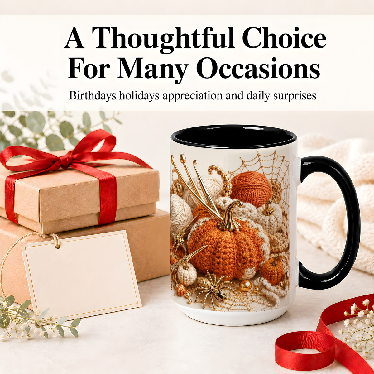 #pl[15oz|Black] Crochet Pumpkin Ceramic Coffee Cup, Mug with Yarn Craft Artwork