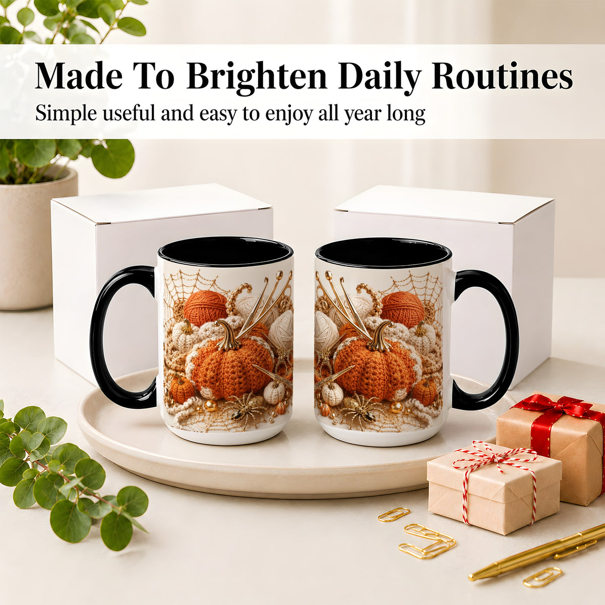 #pl[15oz|Black] Crochet Pumpkin Ceramic Coffee Cup, Mug with Yarn Craft Artwork