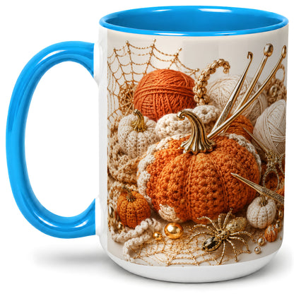 #pl[15oz|Blue] Crochet Pumpkin Ceramic Coffee Cup, Mug with Yarn Craft Artwork