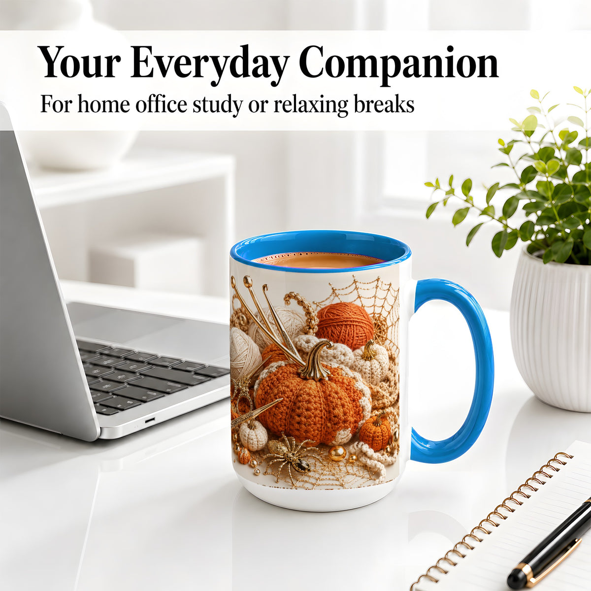 #pl[15oz|Blue] Crochet Pumpkin Ceramic Coffee Cup, Mug with Yarn Craft Artwork