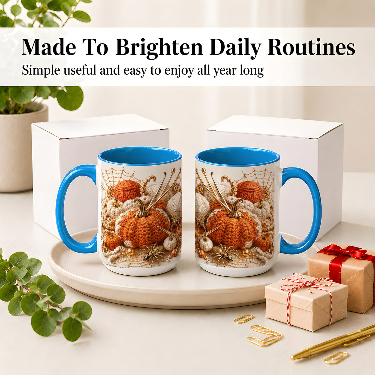 #pl[15oz|Blue] Crochet Pumpkin Ceramic Coffee Cup, Mug with Yarn Craft Artwork