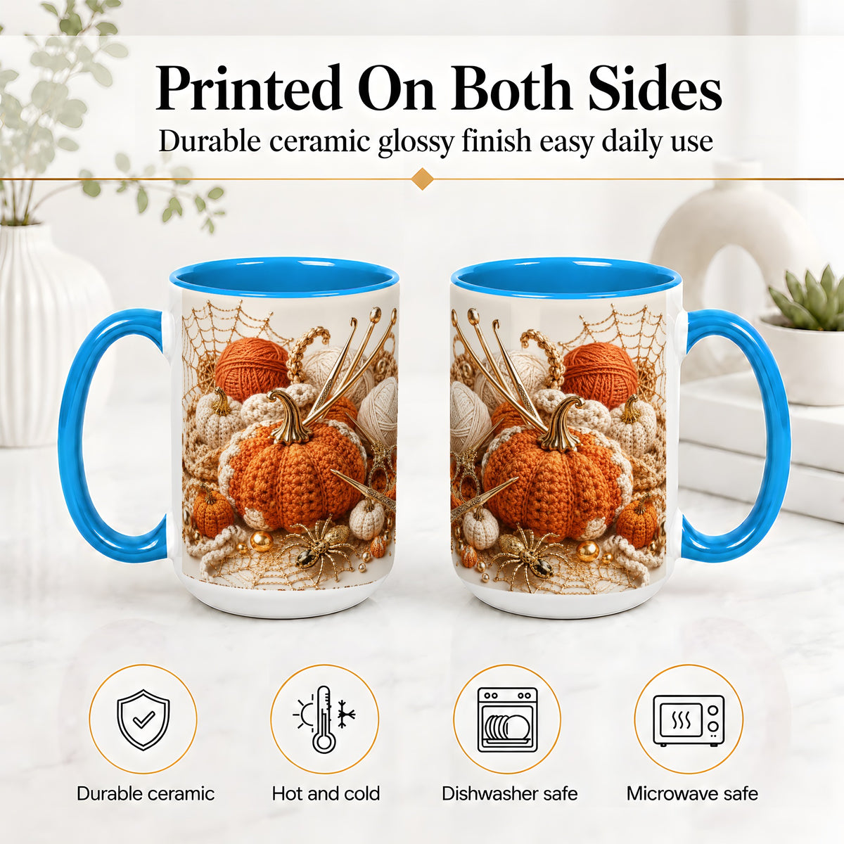 #pl[15oz|Blue] Crochet Pumpkin Ceramic Coffee Cup, Mug with Yarn Craft Artwork
