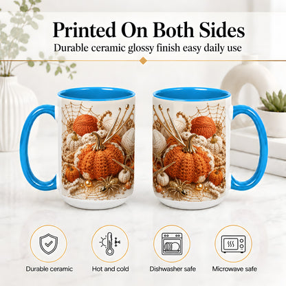 #pl[15oz|Blue] Crochet Pumpkin Ceramic Coffee Cup, Mug with Yarn Craft Artwork