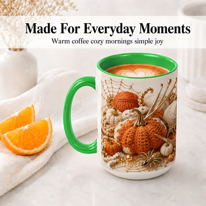 #pl[15oz|Green] Crochet Pumpkin Ceramic Coffee Cup, Mug with Yarn Craft Artwork