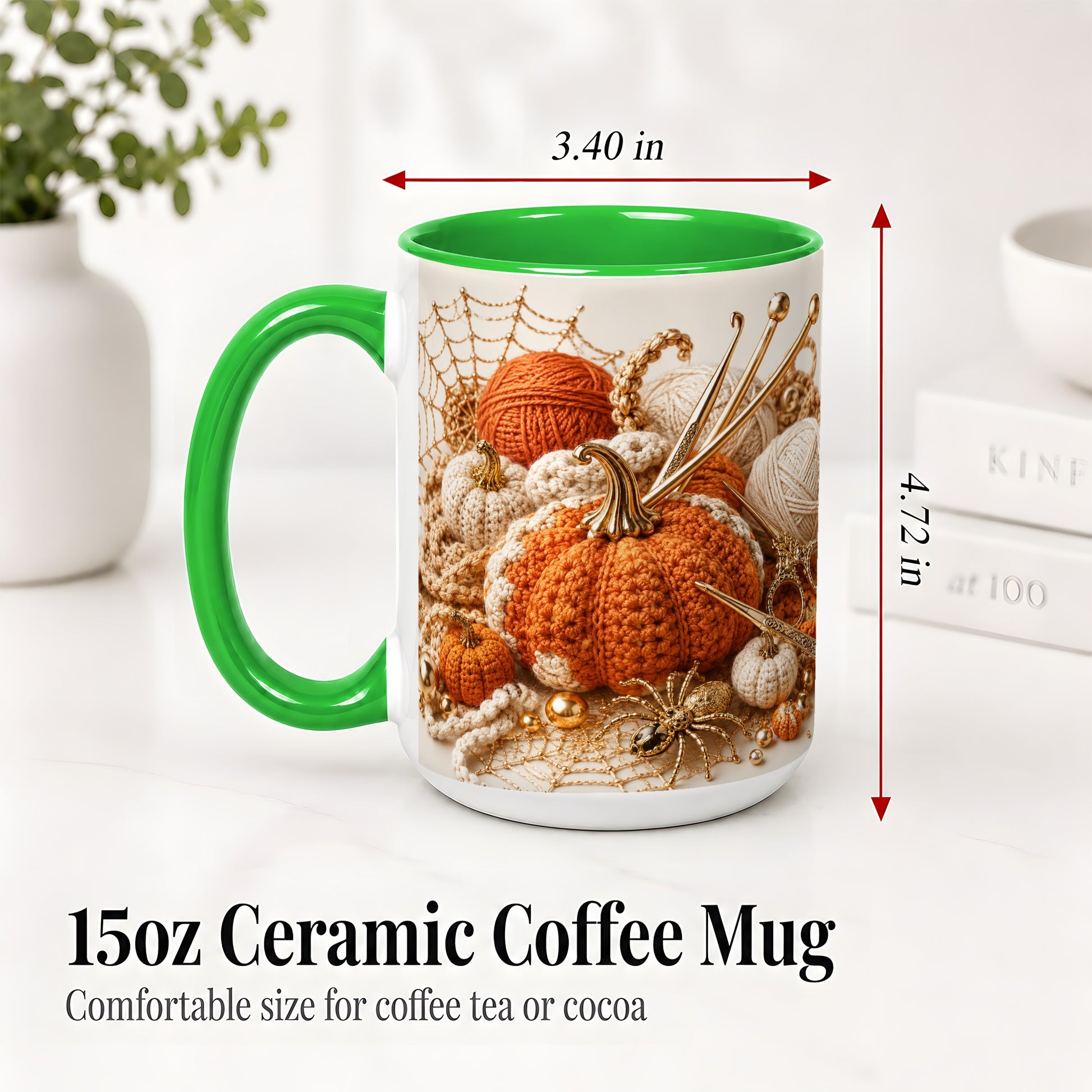 #pl[15oz|Green] Crochet Pumpkin Ceramic Coffee Cup, Mug with Yarn Craft Artwork
