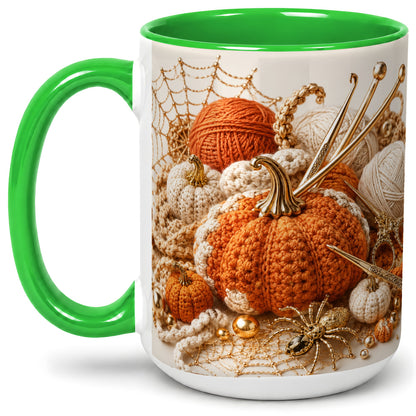 #pl[15oz|Green] Crochet Pumpkin Ceramic Coffee Cup, Mug with Yarn Craft Artwork