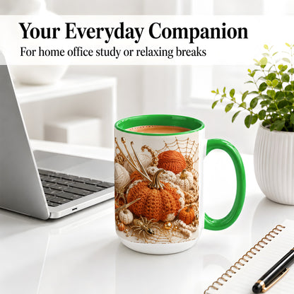 #pl[15oz|Green] Crochet Pumpkin Ceramic Coffee Cup, Mug with Yarn Craft Artwork
