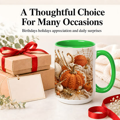 #pl[15oz|Green] Crochet Pumpkin Ceramic Coffee Cup, Mug with Yarn Craft Artwork