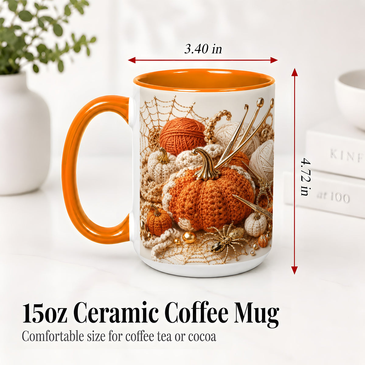 #pl[15oz|Orange] Crochet Pumpkin Ceramic Coffee Cup, Mug with Yarn Craft Artwork