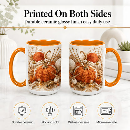 #pl[15oz|Orange] Crochet Pumpkin Ceramic Coffee Cup, Mug with Yarn Craft Artwork
