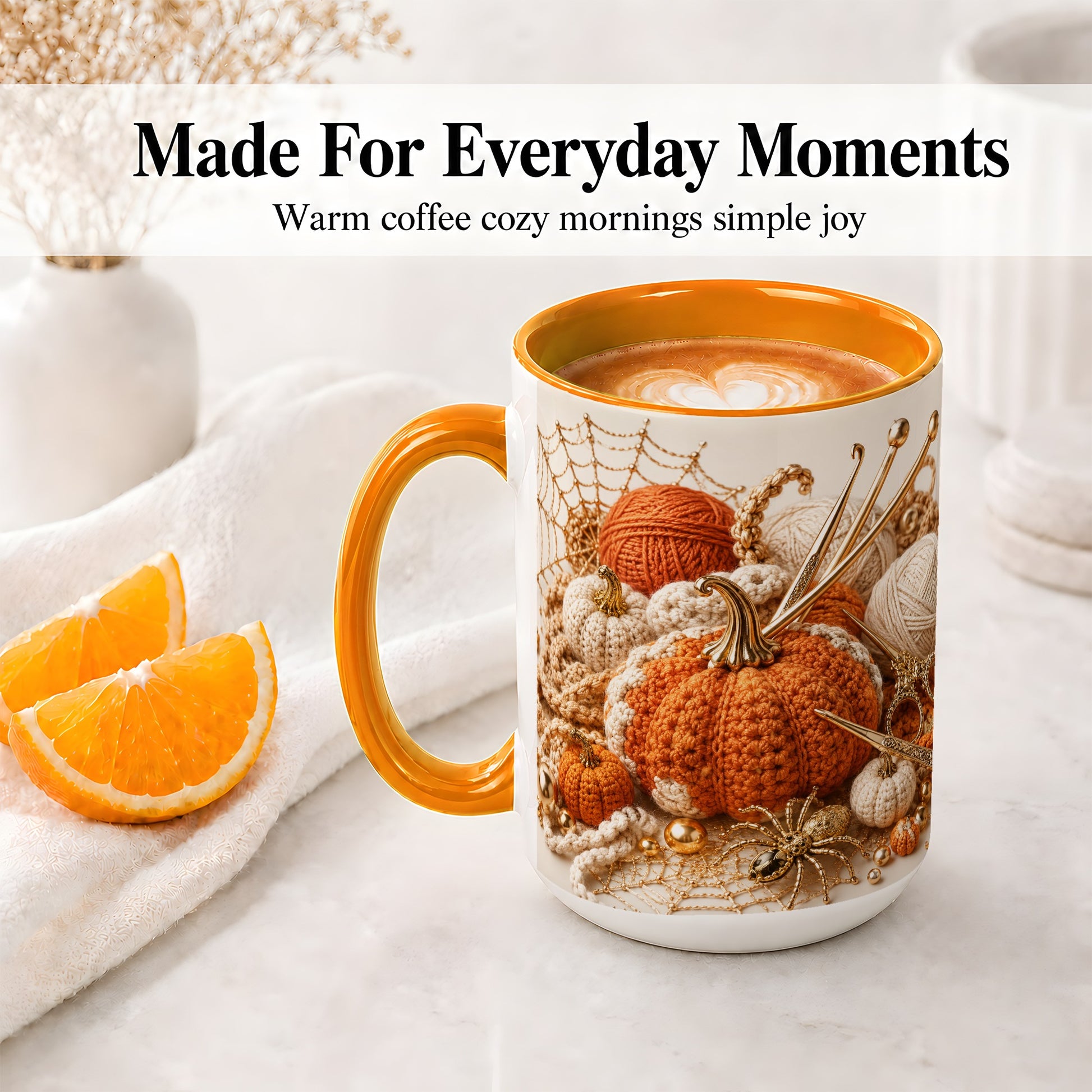 #pl[15oz|Orange] Crochet Pumpkin Ceramic Coffee Cup, Mug with Yarn Craft Artwork