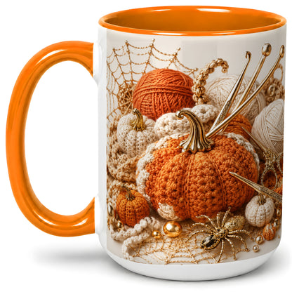#pl[15oz|Orange] Crochet Pumpkin Ceramic Coffee Cup, Mug with Yarn Craft Artwork