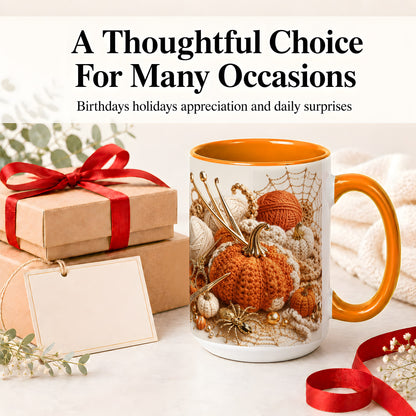 #pl[15oz|Orange] Crochet Pumpkin Ceramic Coffee Cup, Mug with Yarn Craft Artwork