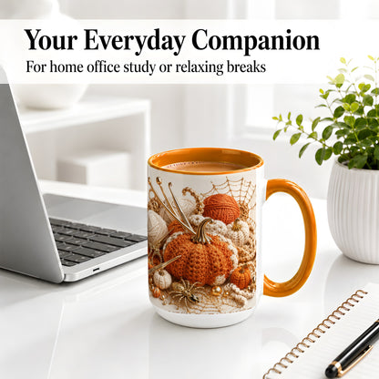#pl[15oz|Orange] Crochet Pumpkin Ceramic Coffee Cup, Mug with Yarn Craft Artwork
