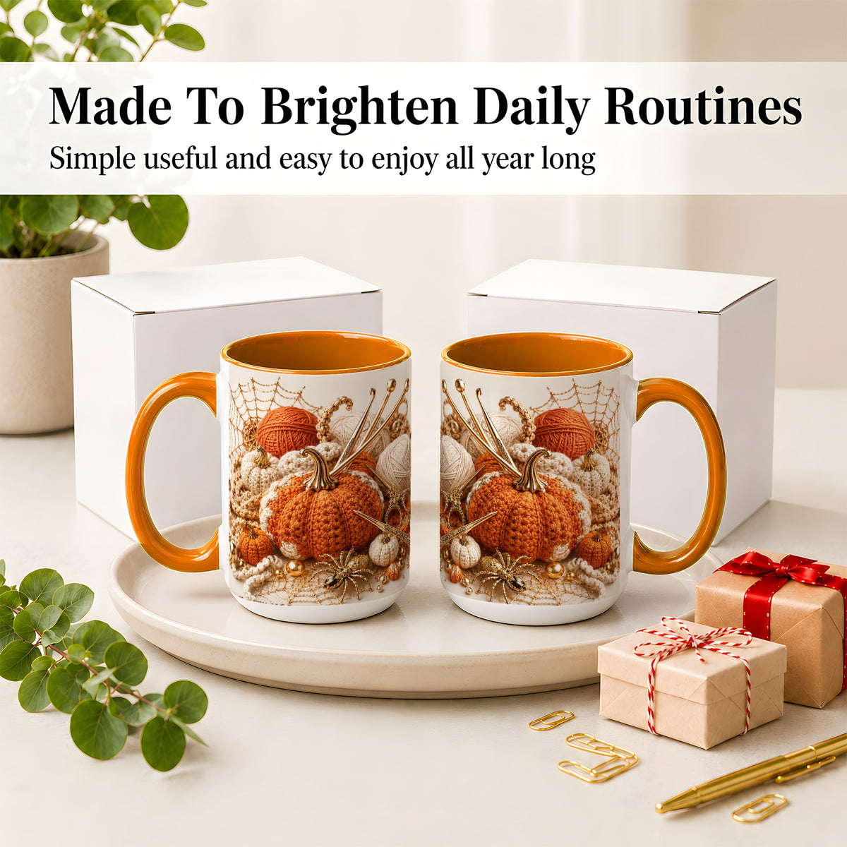 #pl[15oz|Orange] Crochet Pumpkin Ceramic Coffee Cup, Mug with Yarn Craft Artwork