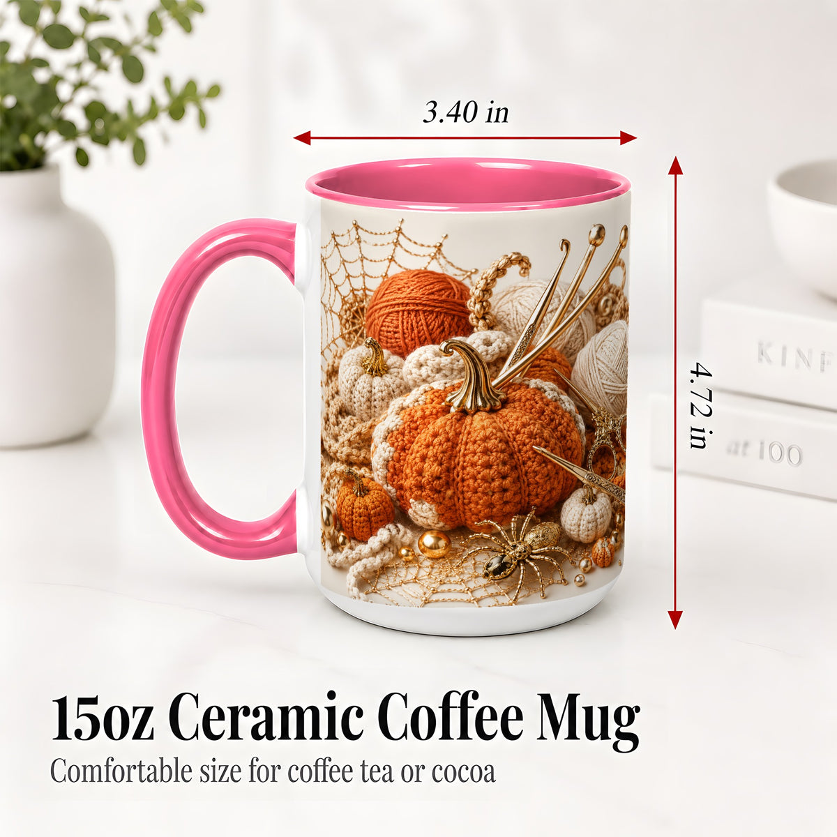 #pl[15oz|Pink] Crochet Pumpkin Ceramic Coffee Cup, Mug with Yarn Craft Artwork
