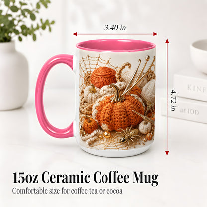 #pl[15oz|Pink] Crochet Pumpkin Ceramic Coffee Cup, Mug with Yarn Craft Artwork