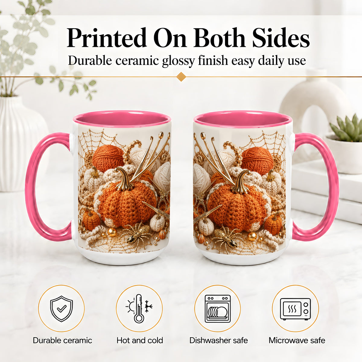 #pl[15oz|Pink] Crochet Pumpkin Ceramic Coffee Cup, Mug with Yarn Craft Artwork