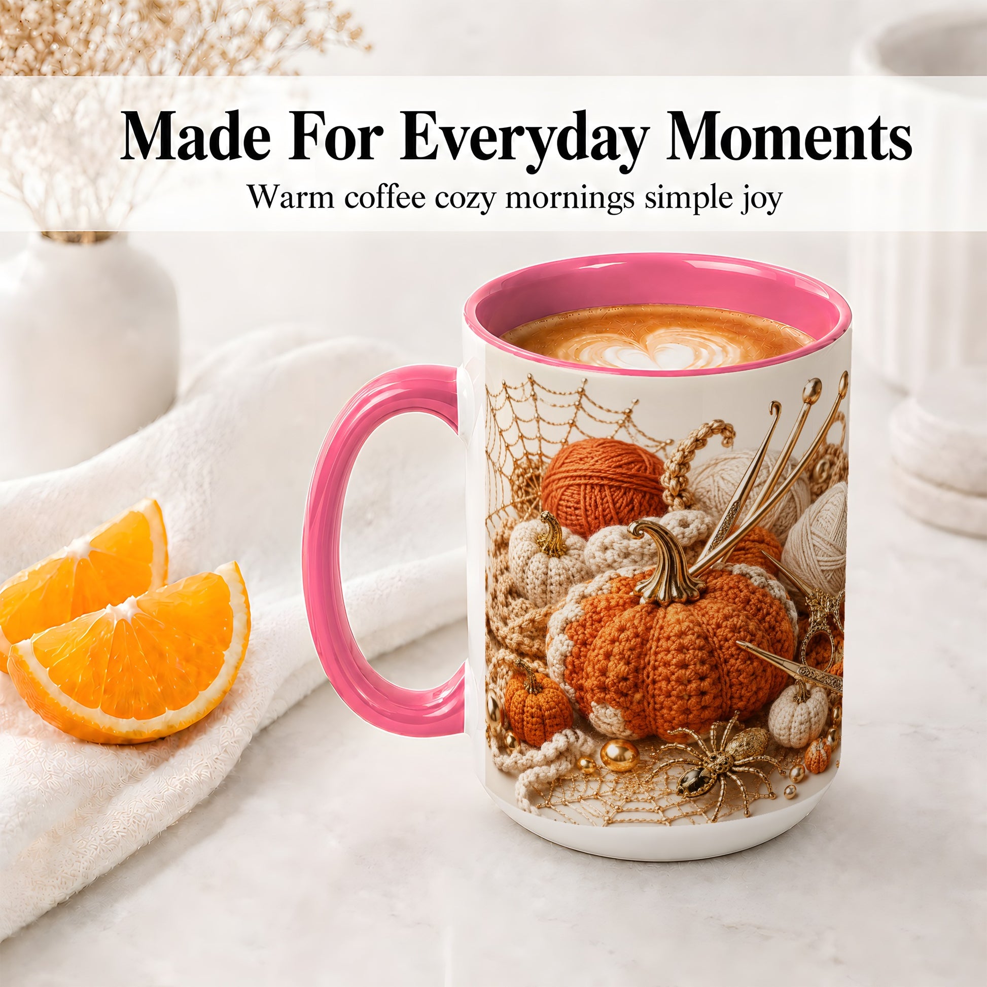 #pl[15oz|Pink] Crochet Pumpkin Ceramic Coffee Cup, Mug with Yarn Craft Artwork