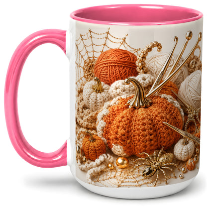 #pl[15oz|Pink] Crochet Pumpkin Ceramic Coffee Cup, Mug with Yarn Craft Artwork