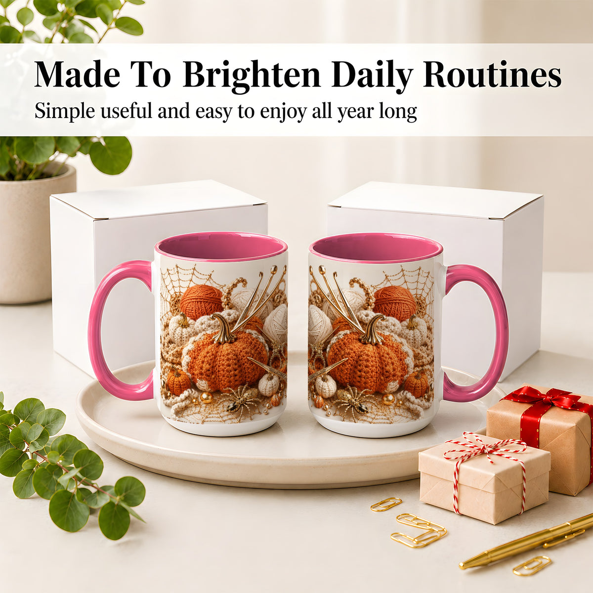#pl[15oz|Pink] Crochet Pumpkin Ceramic Coffee Cup, Mug with Yarn Craft Artwork
