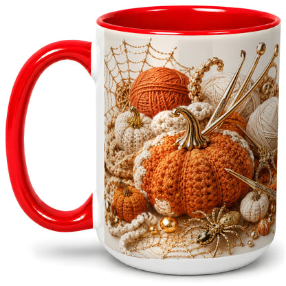 #pl[15oz|Red] Crochet Pumpkin Ceramic Coffee Cup, Mug with Yarn Craft Artwork
