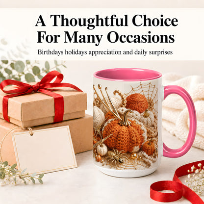 #pl[15oz|Pink] Crochet Pumpkin Ceramic Coffee Cup, Mug with Yarn Craft Artwork