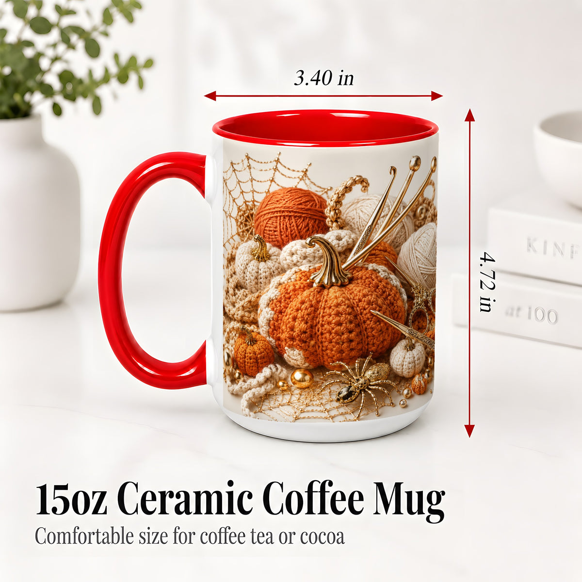 #pl[15oz|Red] Crochet Pumpkin Ceramic Coffee Cup, Mug with Yarn Craft Artwork
