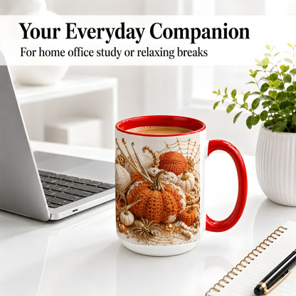 #pl[15oz|Red] Crochet Pumpkin Ceramic Coffee Cup, Mug with Yarn Craft Artwork