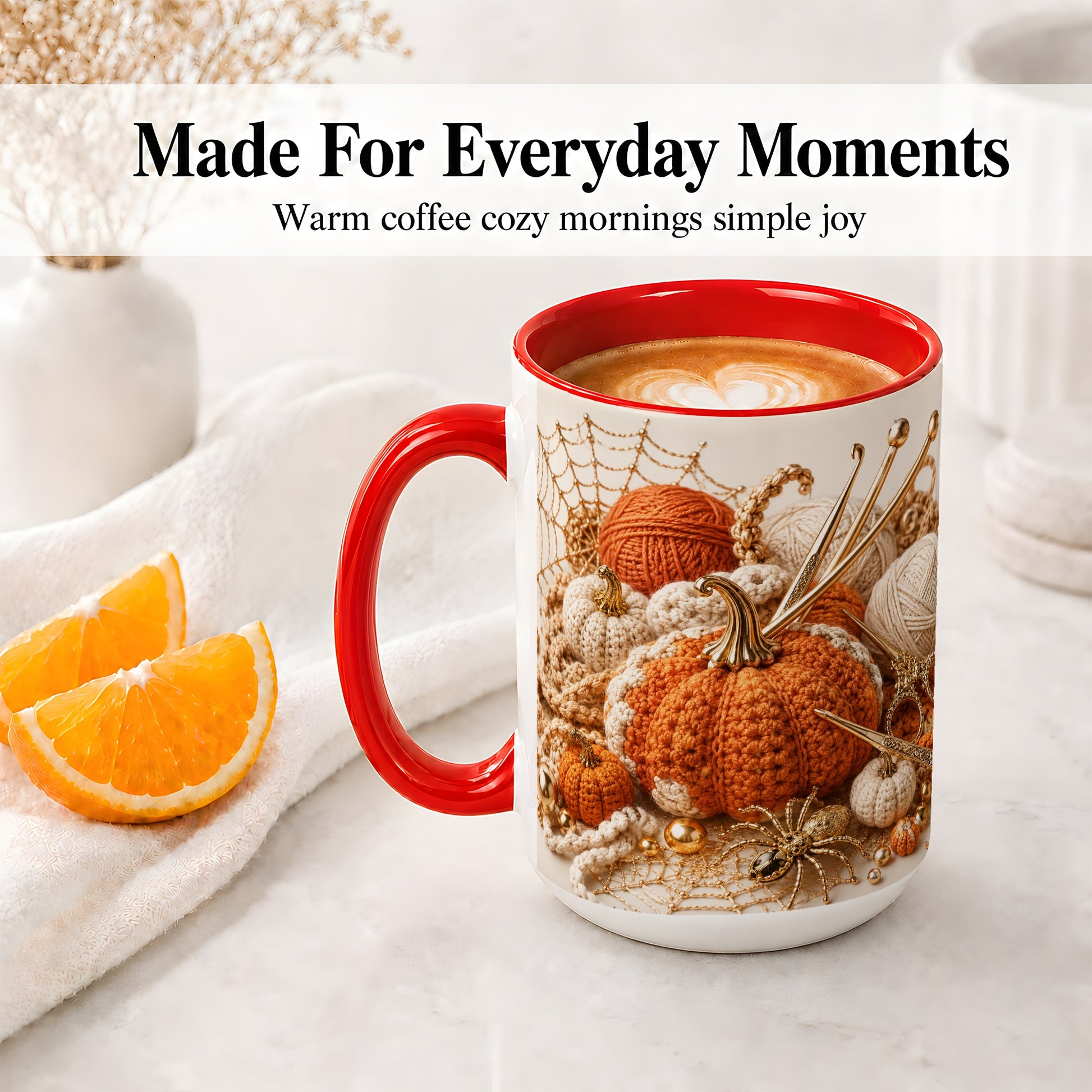 #pl[15oz|Red] Crochet Pumpkin Ceramic Coffee Cup, Mug with Yarn Craft Artwork