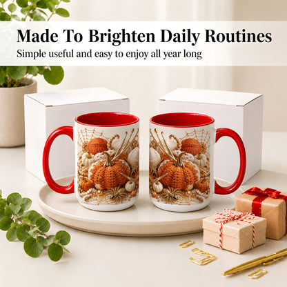 #pl[15oz|Red] Crochet Pumpkin Ceramic Coffee Cup, Mug with Yarn Craft Artwork