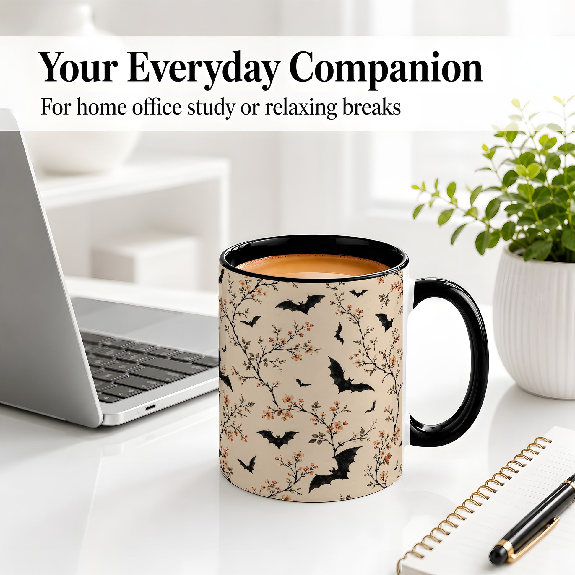 #pl[11oz|Black] Bat Floral Pattern Ceramic Coffee Cup, Mug with Blossom Artwork