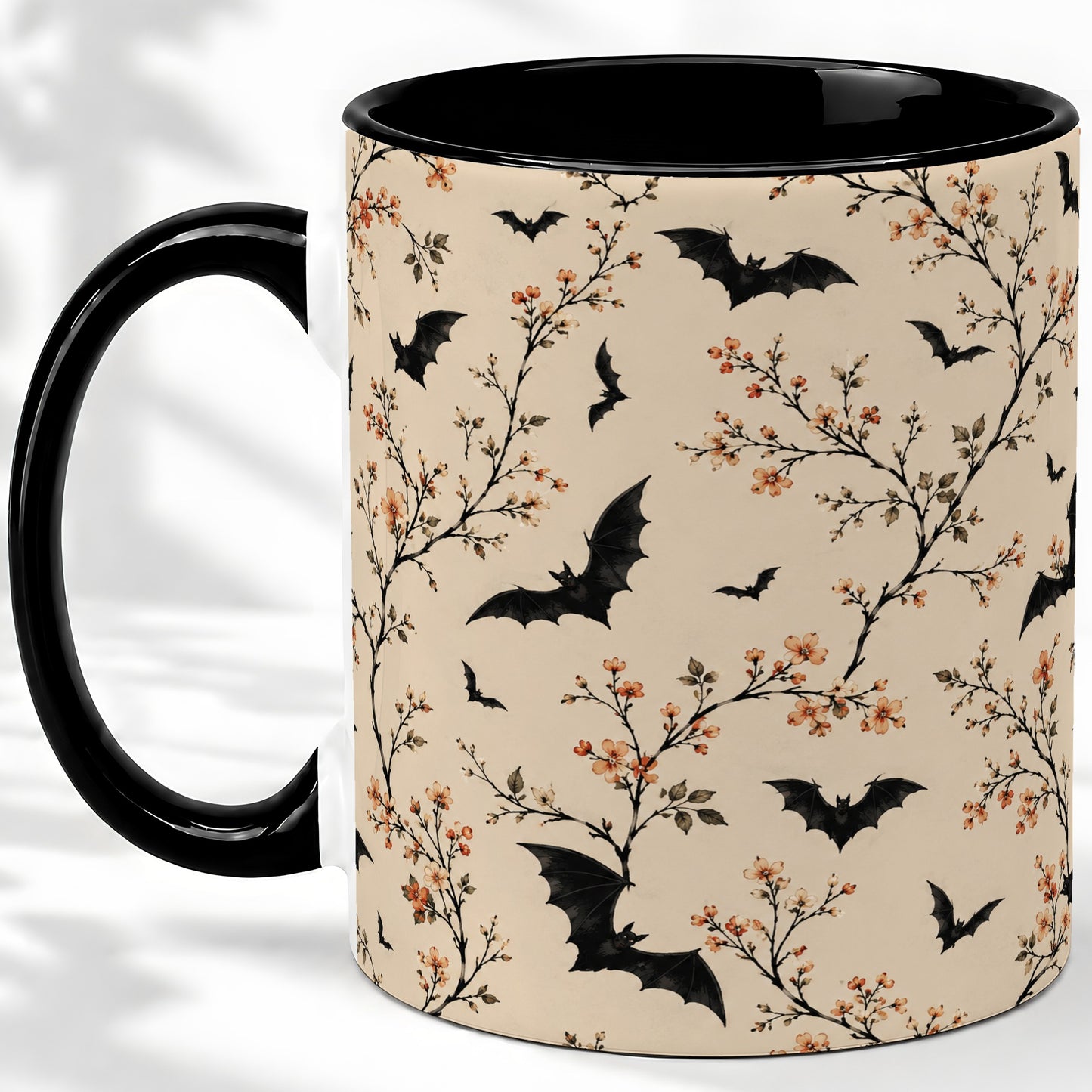 #pl[11oz|Black] Bat Floral Pattern Ceramic Coffee Cup, Mug with Blossom Artwork