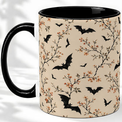 #pl[11oz|Black] Bat Floral Pattern Ceramic Coffee Cup, Mug with Blossom Artwork
