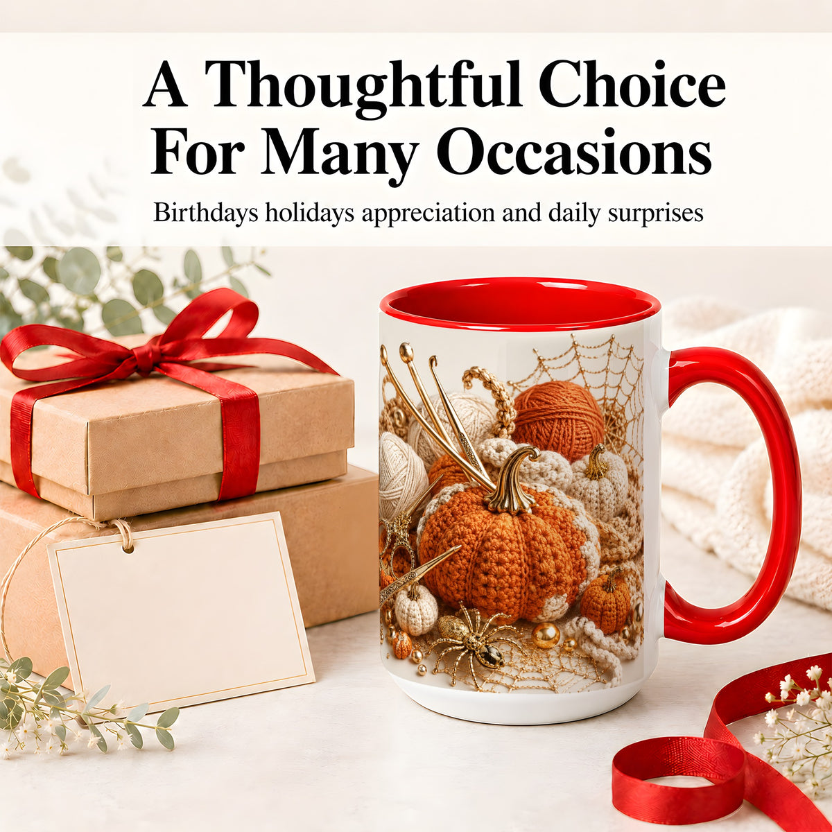 #pl[15oz|Red] Crochet Pumpkin Ceramic Coffee Cup, Mug with Yarn Craft Artwork