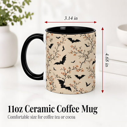 #pl[11oz|Black] Bat Floral Pattern Ceramic Coffee Cup, Mug with Blossom Artwork