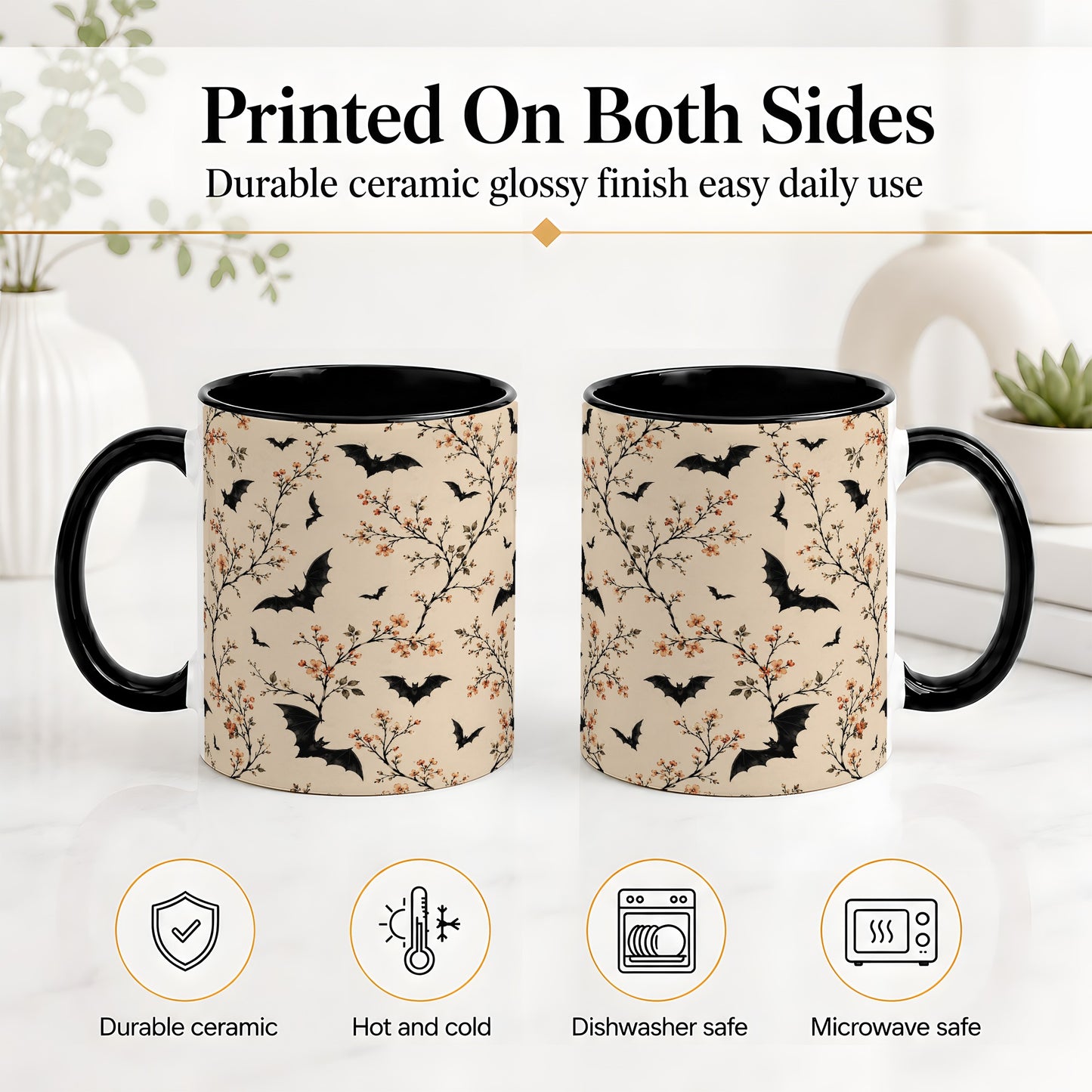 #pl[11oz|Black] Bat Floral Pattern Ceramic Coffee Cup, Mug with Blossom Artwork