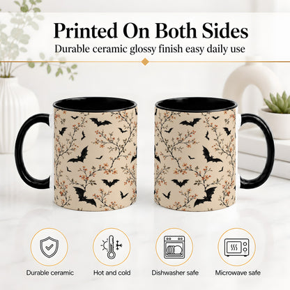 #pl[11oz|Black] Bat Floral Pattern Ceramic Coffee Cup, Mug with Blossom Artwork